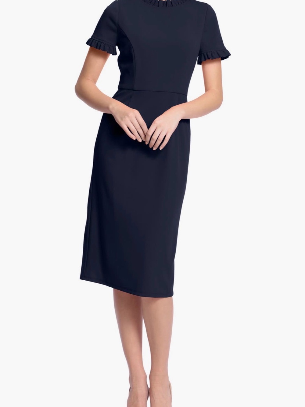 Ruffle Short Sleeve Pocket Sheath Midi Dress - Navy